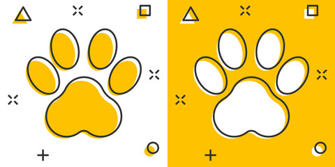 Vector cartoon paw print icon in comic style. Dog, cat, bear paw sign illustration pictogram. Animal foot business splash effect concept.