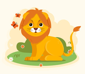 Cute lion on a pink background. Wild animal runs after butterflies in jungle. Children illustration for printing on fabric and paper. Cartoon flat vector illustration isolated on a white background
