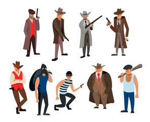 Gangster and mafia cartoon characters vector illustrations set. Killers and criminals in hats, mafia boss, bodyguard, people in masks with pistols isolated on white background. Crime, violence concept