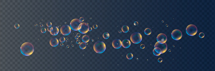 Set of realistic colorful soap bubbles to create a design. Transparent realistic soap bubbles isolated on transparent background.