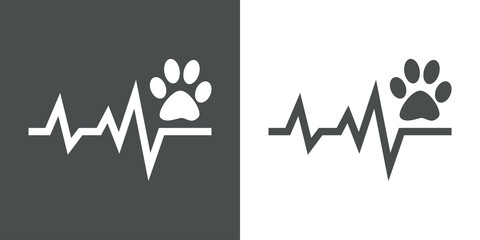Asistencia sanitaria para mascotas. Logotipo lineal zarpa de gato con pulso cardíaco en fondo gris y fondo blanco