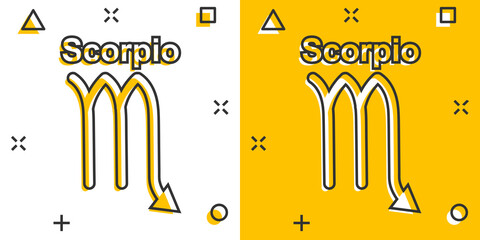 Vector cartoon scorpio zodiac icon in comic style. Astrology sign illustration pictogram. Scorpio horoscope business splash effect concept.
