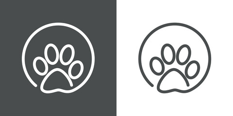 Cuidado de mascotas. Logotipo lineal zarpa de gato en círculo en fondo gris y fondo blanco