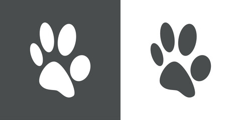 Cuidado de mascotas. Logotipo zarpa de gato en perspectiva en fondo gris y fondo blanco