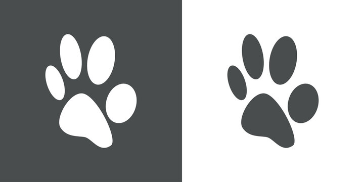 Cuidado de mascotas. Logotipo zarpa de gato en perspectiva en fondo gris y fondo blanco