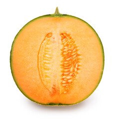 Yellow melon or cantaloupe melon with seeds isolated on white background, US Muskmelon on white background With clipping path.