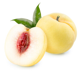 Japanese Yellow Peach with leaf isolated on white background, Golden Yellow Peach fruits With clipping path