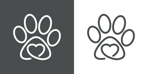 Asistencia sanitaria para mascotas. Logotipo lineal zarpa de gato con corazón en fondo gris y fondo blanco © teracreonte
