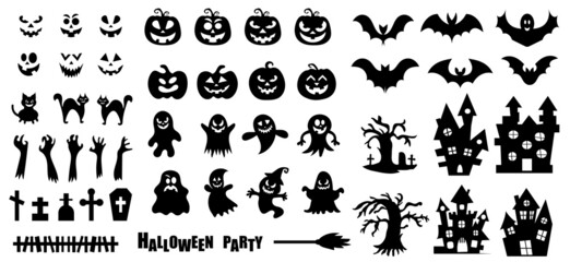 Set of silhouettes of Halloween on a white background. Vector illustration.