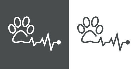 Asistencia sanitaria para mascotas. Logotipo lineal zarpa de gato con pulso cardíaco en fondo gris y fondo blanco - obrazy, fototapety, plakaty