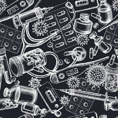 Seamless pattern with hand drawn chalk vial of blood, pills and medicines, medical thermometer, coronavirus rapid test, coronavirus bacteria cell, stethoscope, syringe, vaccine