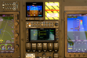 Included control panel in the cockpit of an airplane or helicopter. Close-up.