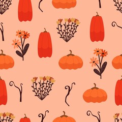 Autumn seamless pattern with cartoon pumpkins, flowers. season. nature theme. Design for fabric, print, textile, wrapping paper