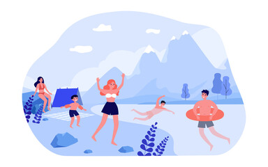 People having rest in summer nature. Flat vector illustration. Men and women with kid sunbathing, swimming, sleeping in tent on shore of lake surrounded by mountains. Rest, vacation, nature concept