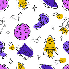 Seamless pattern in modern line style with abstract colors shapes. Planets, moon, rockets, stars. Vector illustration for textile, fabric, card, kids,wallpaper