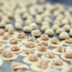 Making Dumplings. Pieces of raw dough with minced meat filling on metal surface. Convenience Food. Cooking process. Soft focus.