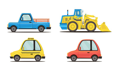 A set of machines made in a flat style. Pick-up, minivan, taxi, tractor.