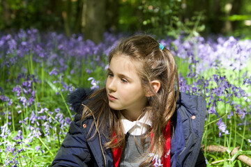 young girl in a bluebell forest, bluebells, blue, bells, forest, wood, pretty, after school, spring, 