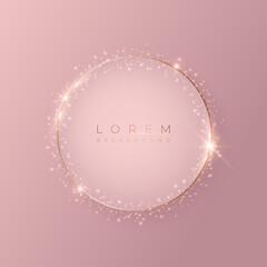 Pale pink round 3d background shape with gold frame and shiny glitter.