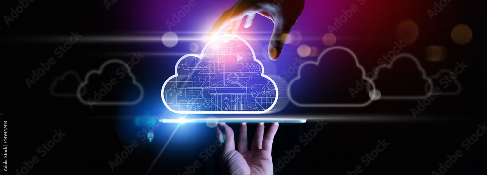 Poster Business hand holding icon Ui of Cloud Computing Technology Internet Storage Network Concept.Cloud server data storage for global business network concept.