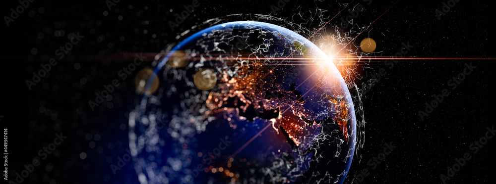 Aufkleber Communication technology for internet business. Global world network and telecommunication on earth cryptocurrency and blockchain and IoT. Elements of this image furnished by NASA