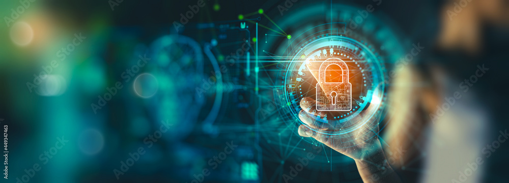 Fototapete Cyber security and data protection. Businesswoman using modern screen computer protecting business and financial data with virtual network connection. Innovation technology develop smart solution.