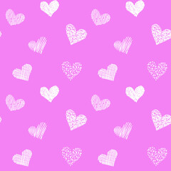 Seamless pattern with hand drawn hearts in doodle style. Pink and white colors. Valentine's day love and wedding texture background. Beautiful print for textile, cards, gift wrap, design and decor