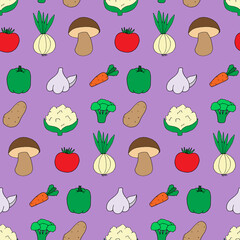 Seamless pattern with doodle style vegetables. Print for wallpaper, wrapping paper, textile background. Hand drawn illustration, good nutrition style. Vegetarian healthy, natural and organic food