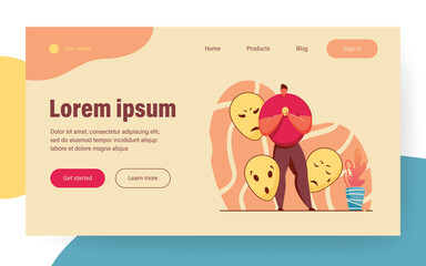 Man holding smiling mask covering emotions. Person standing with mask in hand, hiding his feelings. Angry, surprised, sad masks around man. Changing natural personality, conformity, hypocrisy concept