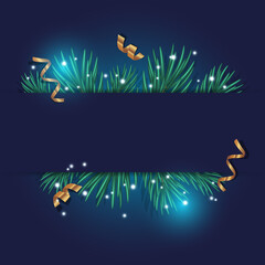 Christmas Background with Space for Text. Dark Blue Background with Green Pine Branches, Golden Confetti and Festive Sparkles