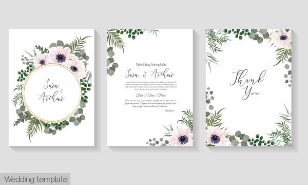 Vector herbal wedding invitation template. White anemones, green plants and leaves, unripe berries, round gold frame. All elements can be isolated.