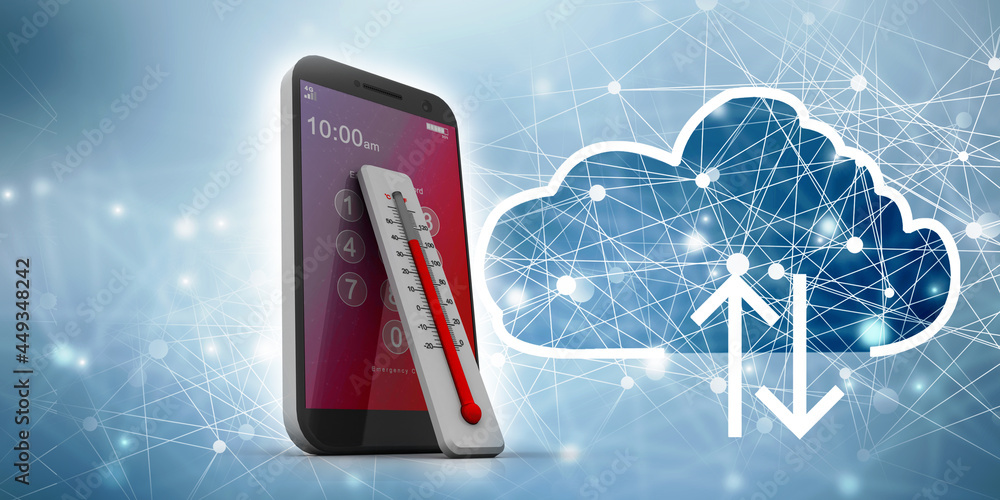 Poster 3d rendering fever checking thermometer with mobile