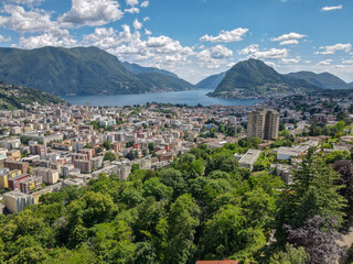 Fototapeta na wymiar Drone view at Lugano and his lake on the italian part of Switzerland