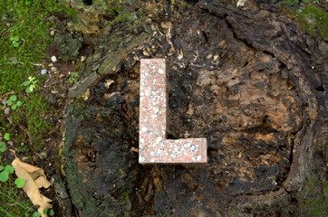 Lettera L in marmo trovata su un pezzo di legno.