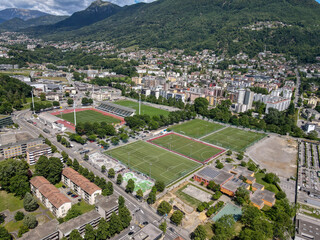 Drone view at the football fields of Lugano on the italian part of Switzerland