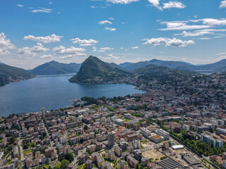 Fototapeta na wymiar Drone view at Lugano and his lake on the italian part of Switzerland