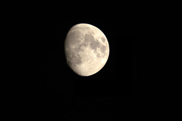 Fotografia della luna quasi piena con visibili macchie e crateri.