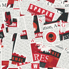 Seamless pattern with a collage of magazine and newspaper clippings on the theme of aliens. Abstract vector background with illegible text, titles and illustrations. Wallpaper, wrapping paper, fabric © paseven