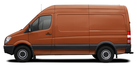 Fototapeta na wymiar Side view of a modern cargo short-base American minibus in brown. Isolated on a white background.