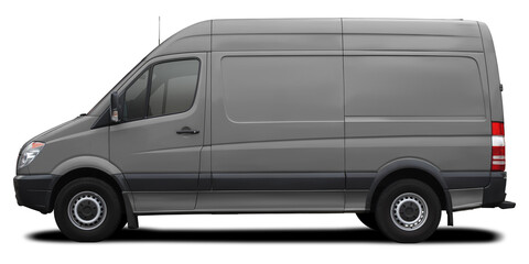 Side view of a modern cargo short-base American minibus in gray. Isolated on a white background. © andrew7726