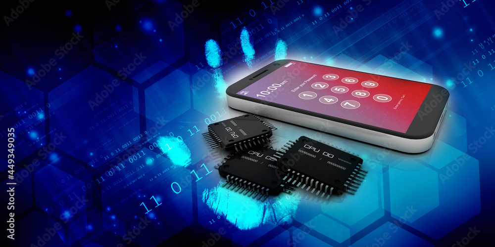 Poster 3d rendering microchips with mobile phone