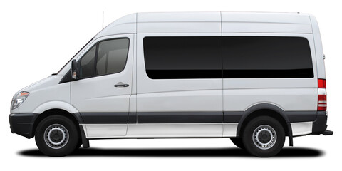 Side view of a modern passenger short-base American minibus in white. Isolated on a white background. © andrew7726