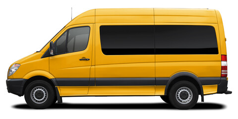 Side view of a modern passenger short-base American minibus in yellow. Isolated on a white...