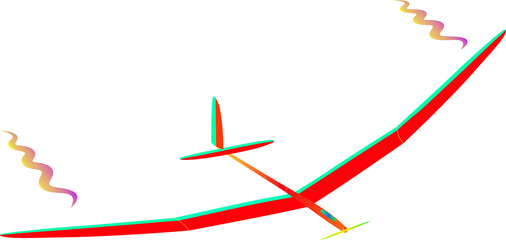 lightweight red and blue electric airplane model with propeller and swirls at the ends of the wings 
