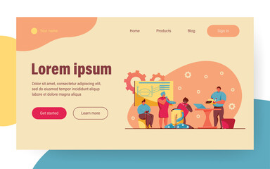 Children doing school robotics project. Group of students making robot, child sitting, teacher holding robotic head. Robotics, engineering technology, robots presentation, school project concept