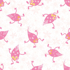 Cute kawaii leaf pink seamless vector pattern background. Happy pink laughing dancing cartoon leaves on floral textured white backdrop. Hand drawn motifs in scattered design. Repeat for baby
