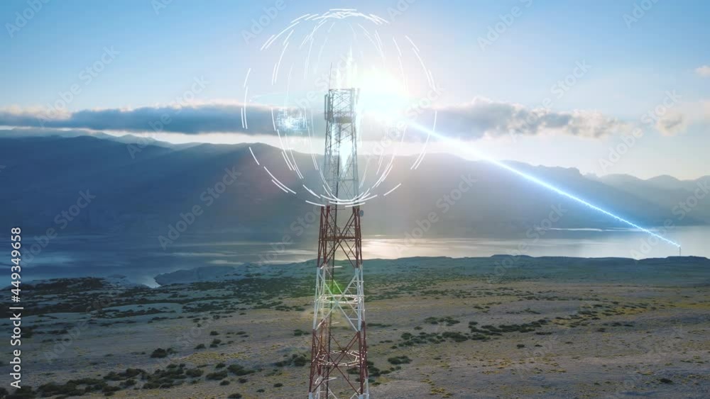 Poster large 5g 6g network communication tower in desert nature sends technical data over lightning-fast da