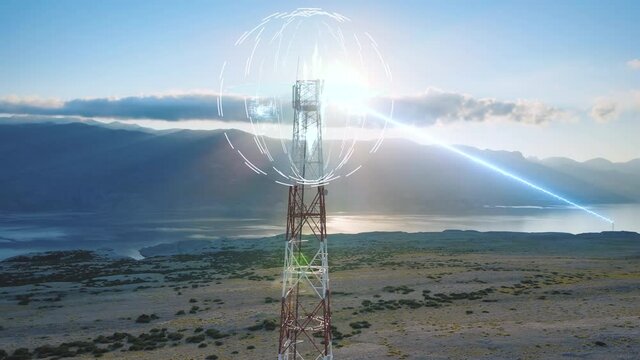 Large 5G 6G network communication tower in desert nature sends technical data over lightning-fast data line. Transfer transmitter, antenna, cellular. Digital motion graphics