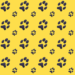 Colorful pattern of dog or cat footprints. Animal footprints on yellow background. Vector cartoon illustration