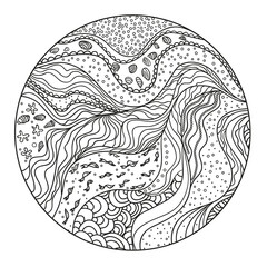 Circle pattern with lines and waves. Universal geometric texture. Mandala. Dinamic nautical background. Lineal wallpaper. Decorative style. Line art creation. Zen art. Zentangle. Coloring book